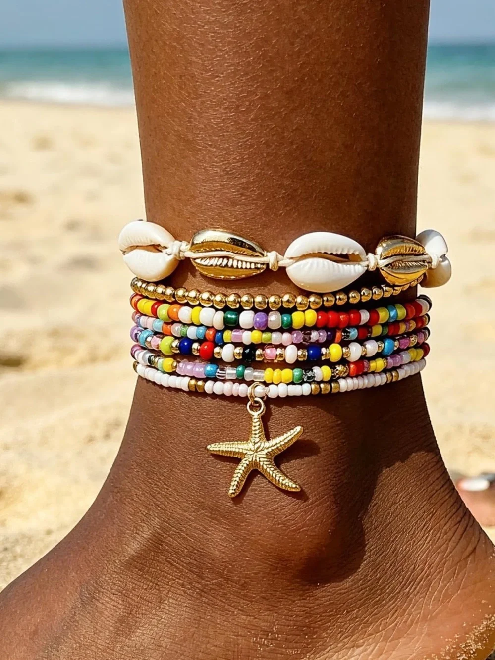 Anthropologie Gold Starfish & Multicolor Beaded Shell Bracelet Stack
